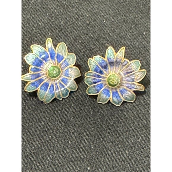 Vintage Floral Enamel  Earrings Blue & Green Flower Design Gold-Tone - Picture 1 of 5